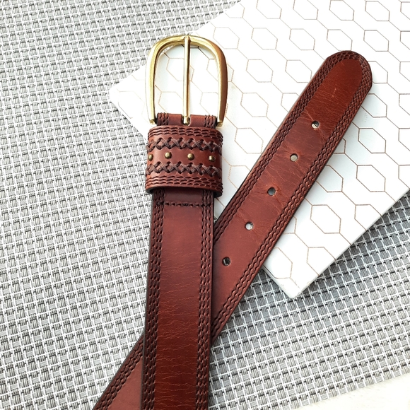 Dockers Braided and Stitched Studded Oversized Buckle Leather Belt XL Brown - Picture 4 of 12